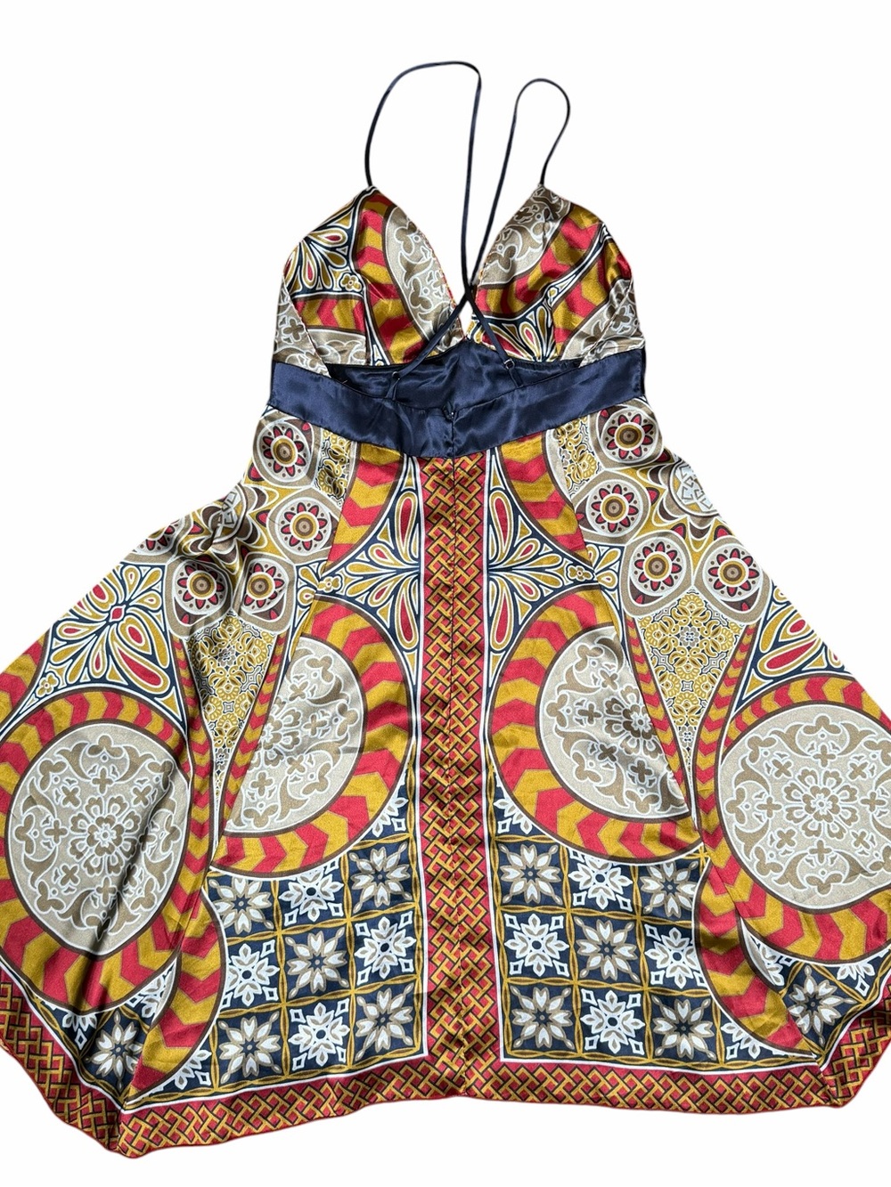 Vintage Louisa Villani Dress Size Medium Brown Satin Scarf Boho Print Made USA
